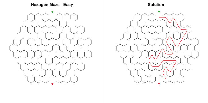 Hexagon logic challenge and answer in graphic style, outline colors, educational activity for elementary school
