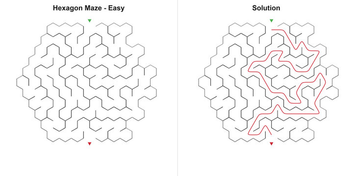 Kids hex labyrinth with solved direction in simple style, uncolored background, brain training task for learning materials