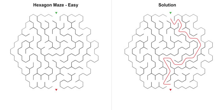 Hexagon shape labyrinth and answer key in minimalist style, monochrome colors, brain teaser game for preschool education