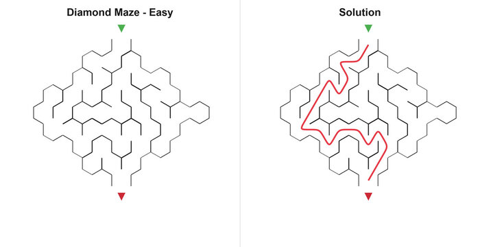 Diamond geometry maze and correct answer in graphic art style, neutral black white and red colors, fun educational problem for kindergarten printable sheet