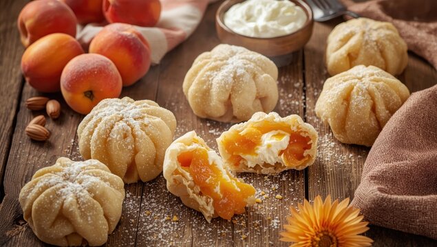 Apricot dumplings, a sweet dessert from Austria and Czechia, with cottage cheese filling on wood.