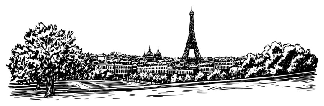 Paris France skyline with Eiffel Tower panoramic view hand drawn sketch Vector cityscape black and white line art illustration