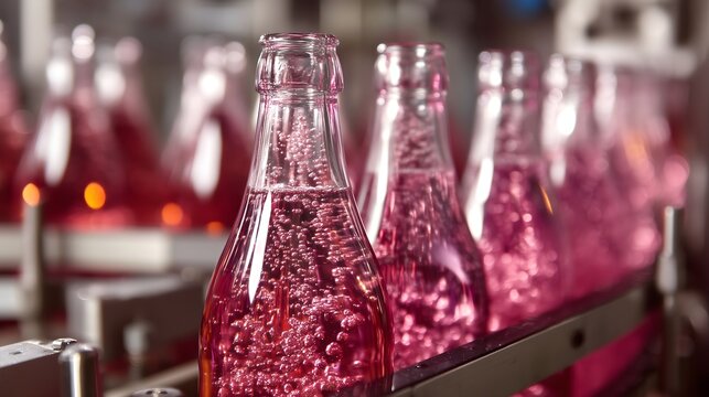 Modern bottling line with elegant pink glass bottles for carbonated soda drinks