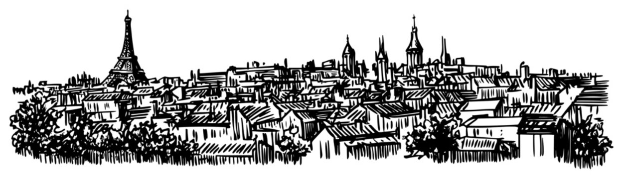 Paris France cityscape with rooftops and Eiffel Tower view hand drawn sketch Vector illustration of Montmartre old town