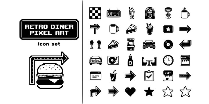 Retro Diner Pixel Art Black White-Burger Neon Checkerboard-Retro Food Vector-Diner Icon Pixel-Restaurant Branding Design Set