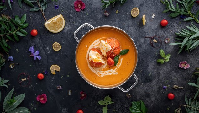Elegant lobster bisque with crab served on natural stone, surrounded by leaves, flowers, and fruits.