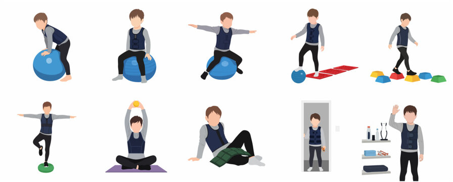 Set of Illustrations Showing a Boy Performing Sensory Integration Therapy and Occupational Therapy Exercises with a Weighted Vest and Sensory Equipment
