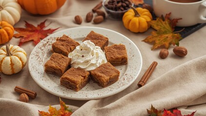 Fototapeta premium Chestnut pie bars made at home, topped with whipped cream, set against an autumn-themed beige backdrop with spices and decorative elements.