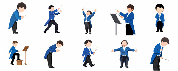 Set of young boy orchestra conductor characters in various poses wearing blue tuxedos and holding batons, isolated flat vector illustration. © Pelabuhan