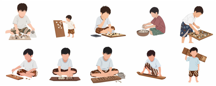 Set of illustrations featuring an Indonesian boy playing traditional games like Congklak and Dakon, wearing batik shorts on a white background.