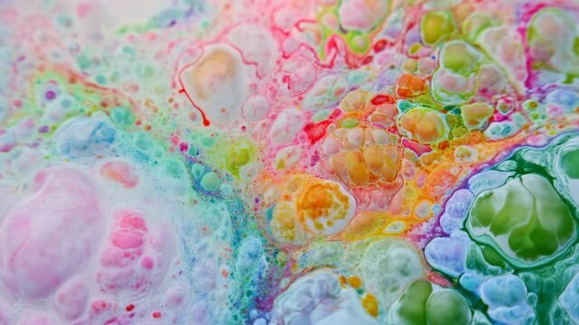 Closeup Of Vivid Pigment And Bubbles. Dynamic Macro Capture Of Swirling Paint And Water Effects