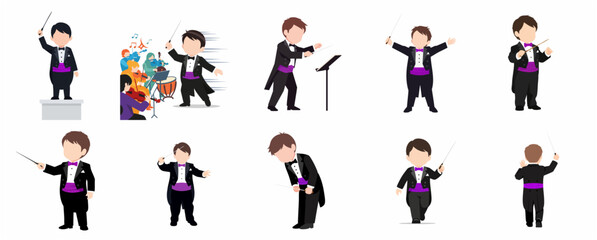 Music conductor cartoon character set in various poses, symphony orchestra leader with baton vector illustration. © Pelabuhan