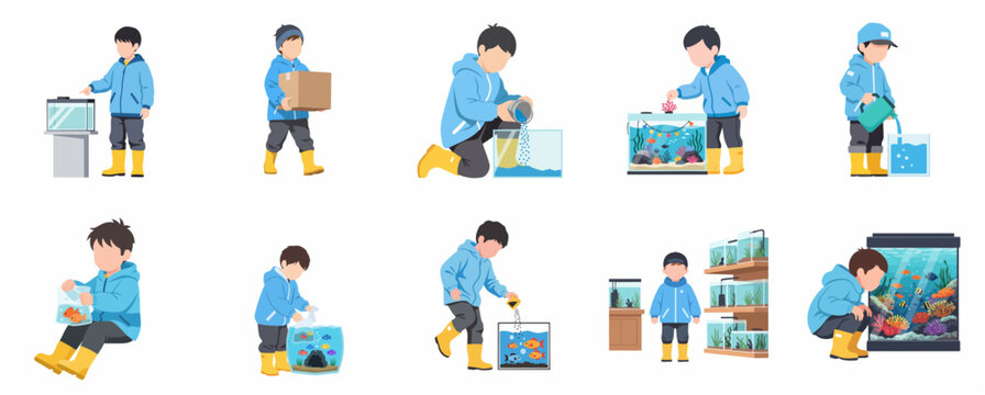 Boy setting up and maintaining a home aquarium collection, pet care hobby and fish tank decoration activities vector illustration