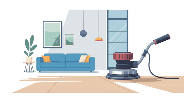 An industrial floor buffer machine sits on a tiled surface in a living room with a blue sofa and framed art under soft natural lighting conditions.