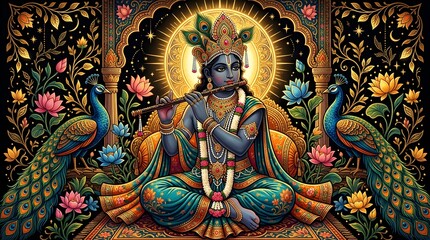 Obraz premium Krishna playing flute with peacocks and lotus flowers in indian mythology art
