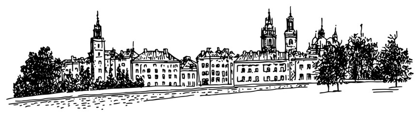 Krakow Poland old town square vector sketch Hand drawn European cityscape with historical church and buildings illustration © Tomas