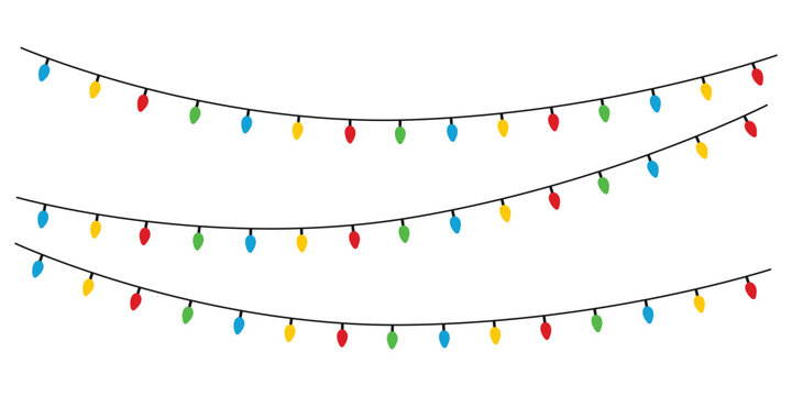 Three strands of colorful decorative christmas string lights isolated on transparent background