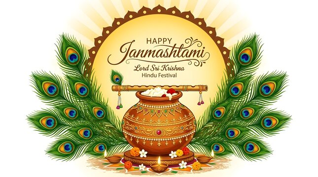 Janmashtami illustration lord krishna celebration with peacock feathers and decorative earthen pot