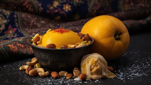 Amrakhand is a mango-flavored pudding or Shrikhand, a beloved Indian dessert garnished with nuts and saffron, featuring whole mango on a vibrant or monochrome backdrop.