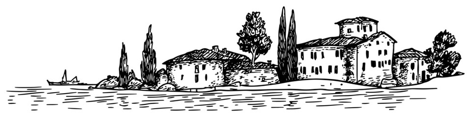 Fototapeta premium Italian village on lake coast vector sketch Hand drawn Mediterranean landscape with villa houses and boat travel illustration