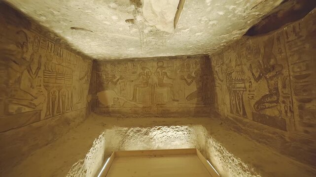 4k footage of Interior view of the famous abu simble temple that is decorated with gods figures and hieroglyphs in aswan in Egypt. 