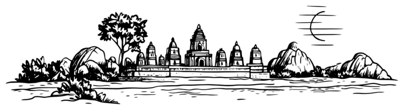 Hampi ancient temple complex vector sketch Hand drawn South India travel landmark illustration Hindu architecture doodle