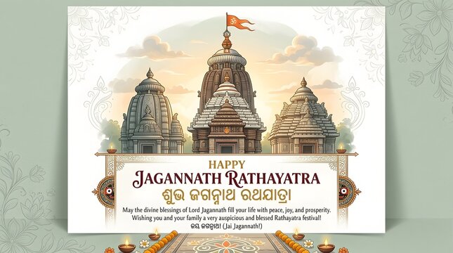 Vibrant jagannath rathayatra festival greeting card with temple illustration