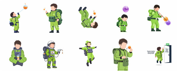 Fototapeta premium Set of flat vector illustrations featuring a young astronaut character in a green spacesuit engaged in various space exploration activities and play.
