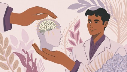 Obraz premium Awareness of mental health, hand care, and support involves a document representing brain health, wellness, psychological aid, healthcare, and mindfulness.