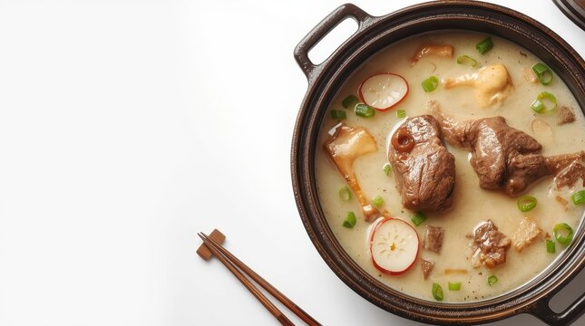 Hot iron pot beef marrow soup on white, featuring isolated beef stock bone soup or Seolleongtang.