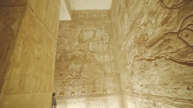 4k footage of Interior view of the famous abu simble temple that is decorated with gods figures and hieroglyphs in aswan in Egypt. 