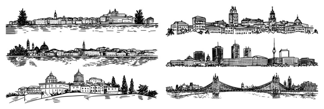 European cityscapes vector sketch set Hand drawn collection of famous landmarks and skylines Travel illustration bundle