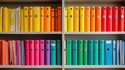 Fototapeta premium Colorful Organizers and Files Arranged on White Bookcase Shelf