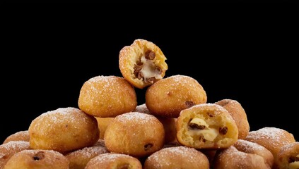 Naklejka premium Dutch pastries called oliebollen, a traditional New Year's treat, on a black background.