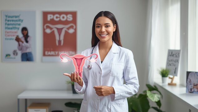 Physician in white coat with digital uterus, women's health, PCOS, ovarian and cervical cancer, healthy female concept.