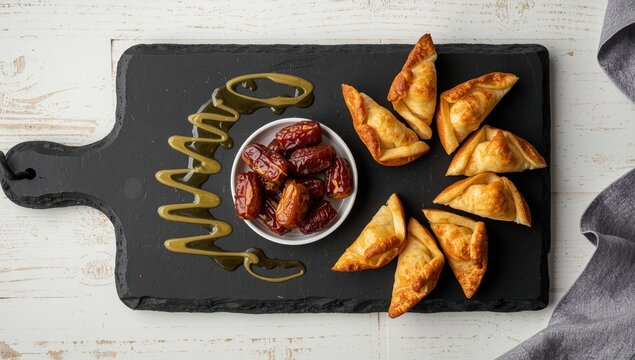 Almond cream and chicken-filled qatayef on a black board with dates and honey. Top view, flat lay. Ramadan cuisine idea.