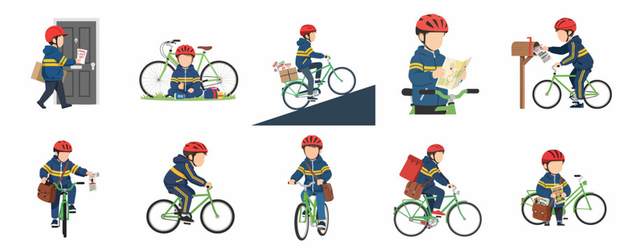Set of vector illustrations featuring a young paperboy delivering newspapers and mail on a bicycle in various poses and situations.