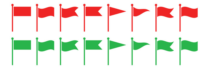 Set of red and green flag on poles with various shapes isolated on transparent background © Moin
