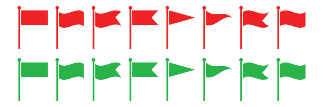 Set of red and green flag on poles with various shapes isolated on transparent background