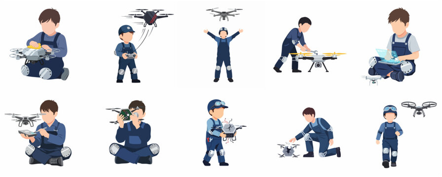 Collection of flat vector illustrations featuring a young boy as a drone technician, pilot, and engineer repairing and flying quadcopters