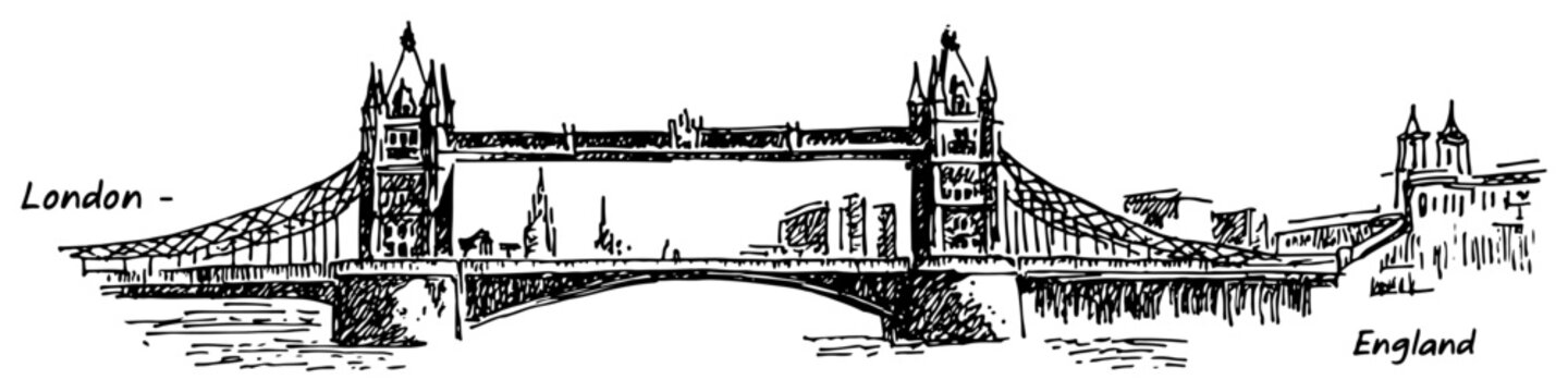 London Tower Bridge vector sketch Hand drawn historical England landmark on Thames river UK travel vintage illustration