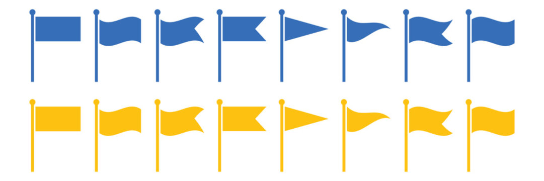 Set of blue and yellow flag with various shapes and styles isolated on transparent background