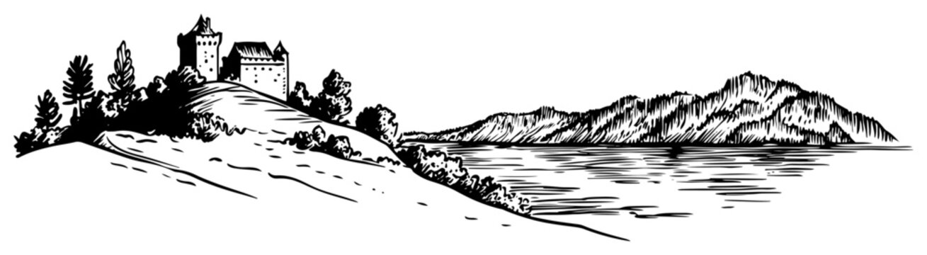 Medieval castle on hill over the lake vector sketch Hand drawn European mountain landscape with ancient fortress illustration