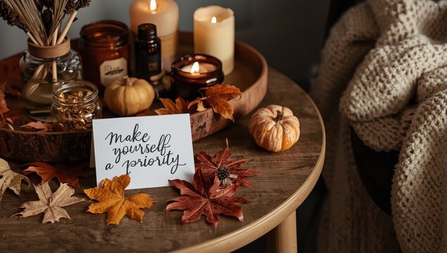 Prioritize yourself with a note amidst a cozy autumn home fragrance setting, reflecting a slow living lifestyle for mental well-being.