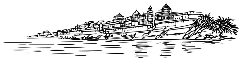 Fototapeta premium Varanasi India cityscape on the Ganges river Hand-drawn vector sketch of the holy ghats