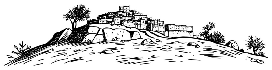 Fototapeta premium Old village on a rocky hill hand drawn sketch Vector illustration of a historic Mediterranean or desert town