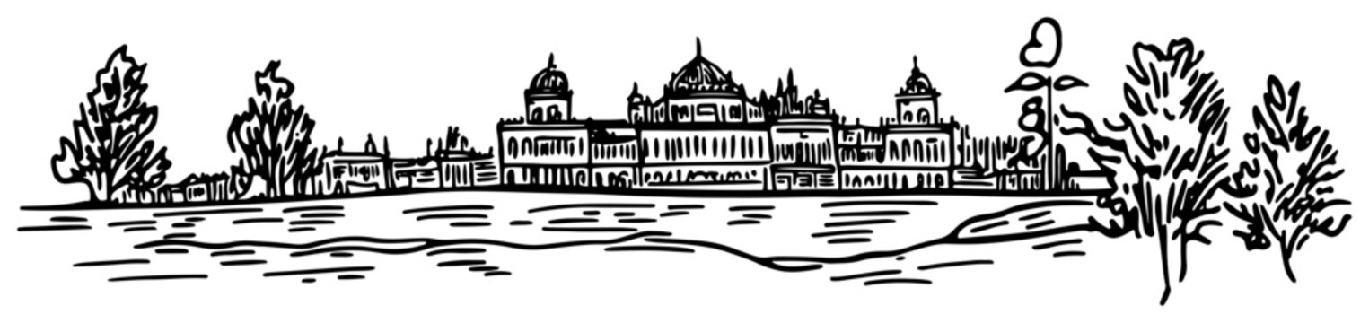 Indian palace on the lakefront hand-drawn vector sketch Royal architecture of Rajasthan India
