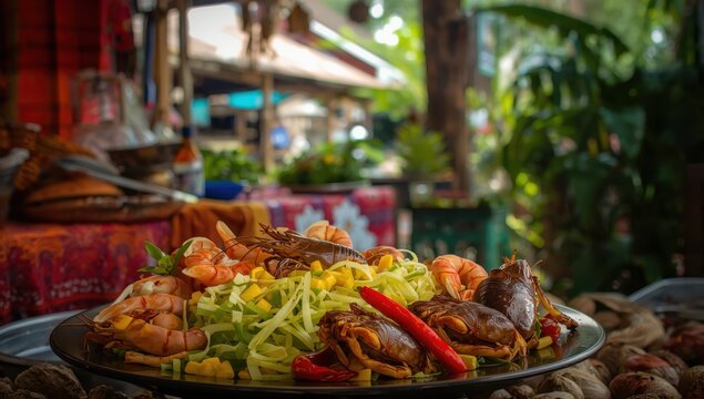 Thai street food featuring a salad of spicy papaya, corn, Mantis shrimps, black crab, and blanched cockles.