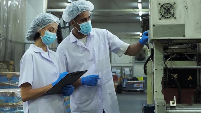 Male and female quality control workers in hairnets and masks inspect equipment and take notes in a food processing plant.