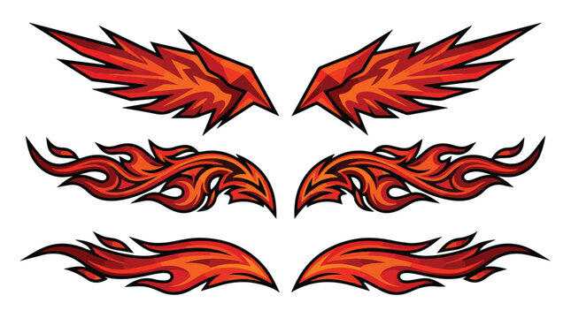 Set of six red and orange flame and wing decals on a white background, with bold black outlines and a graphic design style.